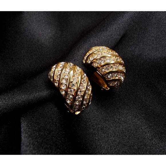 Vintage 1990s Christian Dior Gold Plated Clip-On Earrings With Rhinestone Stripe - Picture 2 of 5